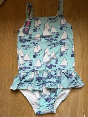 NEW Nantucket Kids Girls' Light Blue Sailboat One-Piece Swimsuit  Ruffle size 7